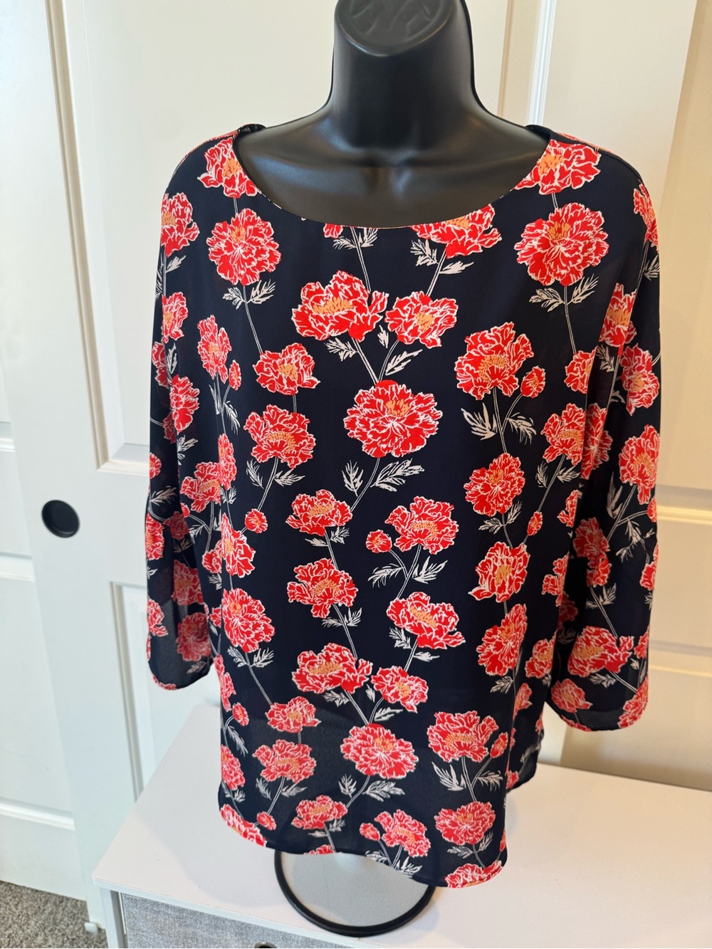 Banana Republic Navy Blouse with Red Floral Print